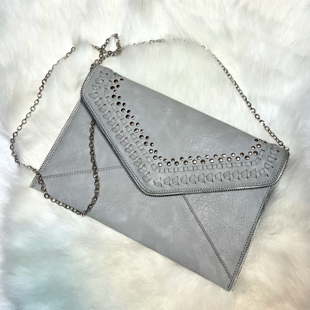 Moda Luxe grey, envelope, cross-body bag zipper trim details